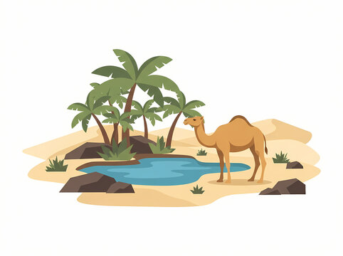 A single camel standing near a desert oasis with palm trees and water.
