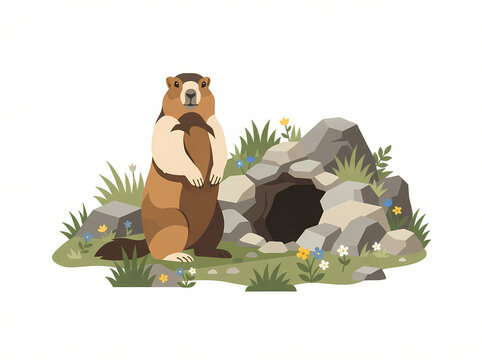 A cute brown marmot standing upright near its rocky burrow entrance.