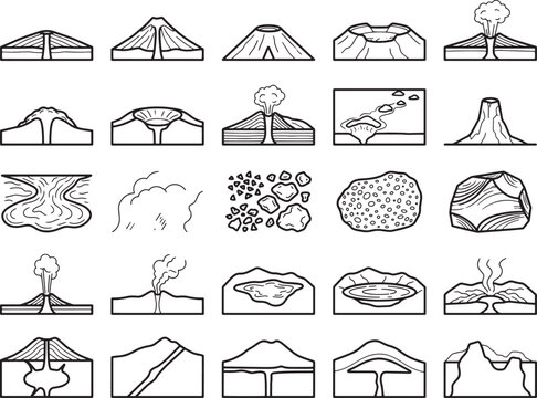 A collection of stylized illustrations depicts various types of volcanoes and geological formations, showcasing different stages of volcanic activity and rock structures.