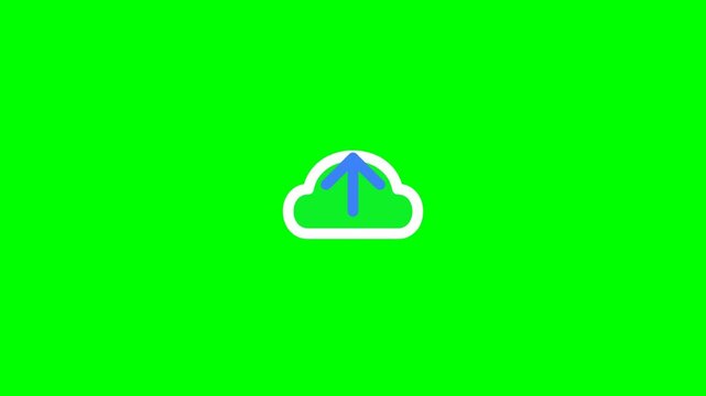 Seamless animated cloud upload icon with upward arrow on vibrant green screen background, representing data transfer, digital storage, and cloud computing technology for modern applications.