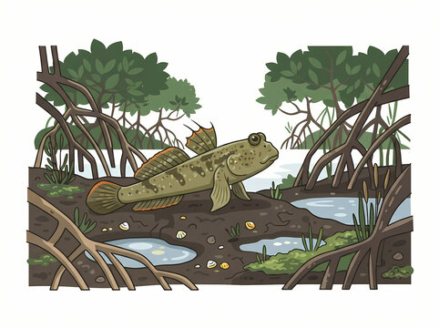 A detailed illustration of a mudskipper fish resting on the muddy ground.