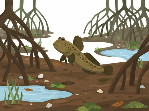 A detailed illustration of a mudskipper fish standing on muddy ground.