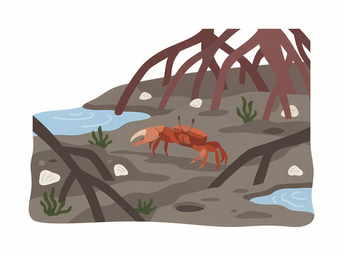 A detailed illustration of a fiddler crab standing in a mangrove forest.