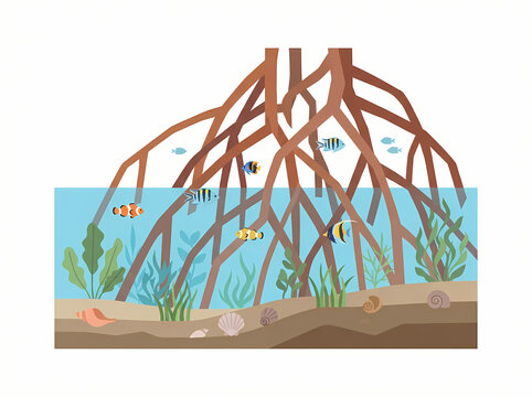 Mangrove tree roots submerged in water with colorful tropical fish and aquatic plants.