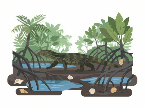 A large monitor lizard walking through a lush mangrove swamp habitat.
