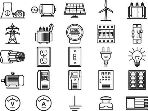 Collection of vector icons representing electricity and energy industry, including power generation, transmission, distribution, and consumption elements.