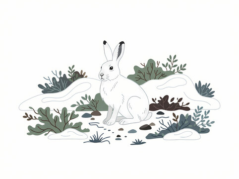 A hand drawn illustration of a white arctic hare sitting in a snowy landscape.