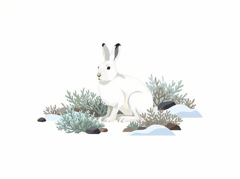 A white arctic hare sitting among snowy bushes and rocks in a winter landscape.