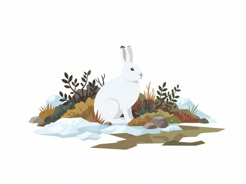 A white arctic hare sitting peacefully in a snowy landscape with sparse vegetation.