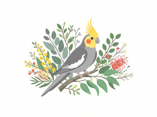 Fototapeta premium A detailed watercolor illustration of a grey cockatiel perched on a branch surrounded by foliage.
