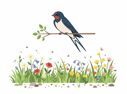 A detailed illustration of a swallow bird perched on a thin branch above a meadow.