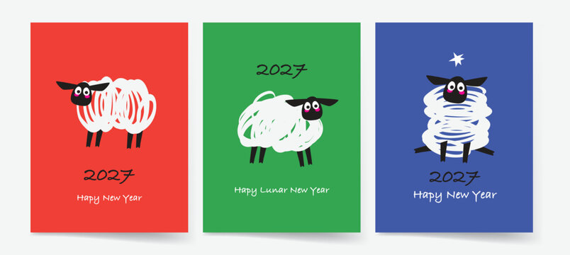 Modern Lunar New Year greeting card design featuring a playful goat illustration with 2027 lettering and Happy Lunar New Year message in bold contrasting colors.