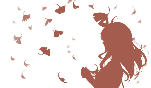 カメラを持つ女性　イチョウ　シルエット