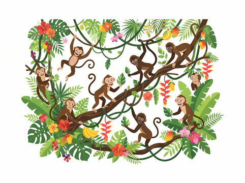 A vibrant illustration featuring a group of playful monkeys climbing on tropical jungle branches.