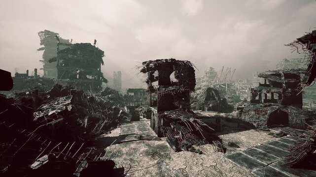 A haunting urban landscape showcases ruined buildings and debris scattered across a barren ground. The desolation hints at a past disaster, enveloped in a gloomy atmosphere.