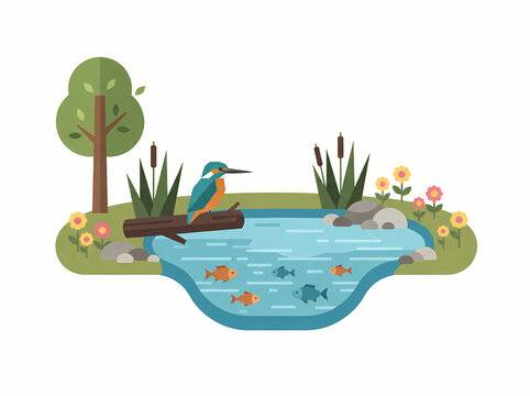 A colorful kingfisher bird perched on a wooden log above a pond with swimming fish.