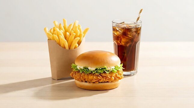 Crispy chicken burger meal with french fries and a glass of cold soda on a wooden table. fast food inspiration