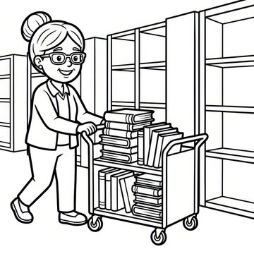 Librarian woman pushing book cart in library coloring page