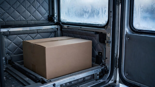 Cardboard box inside refrigerated delivery van