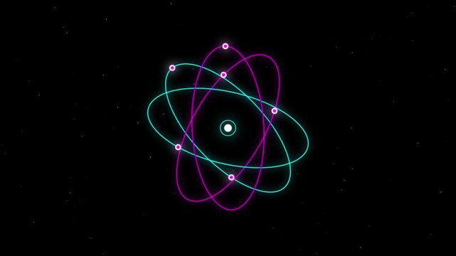 Rotating atomic structures with glowing neon particles on a black background science and technology concept