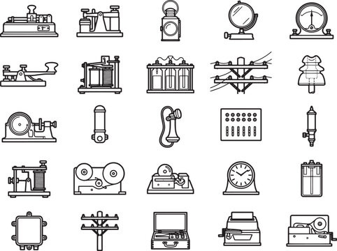 A collection of vintage telecommunication devices, including telegraph machines, old telephones, and early broadcast equipment, arranged in a grid layout.