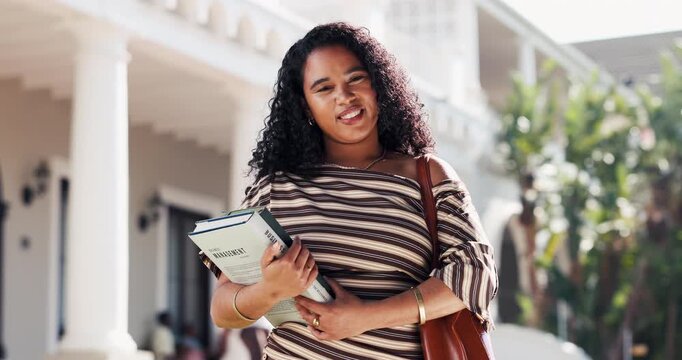 Laugh, college and student outdoor for education, scholarship and study opportunity for growth. Face, university course and happy woman with knowledge, books and smile by campus or school building