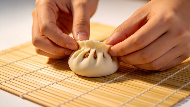 Hands Folding a Chinese Dumpling on a Bamboo Mat