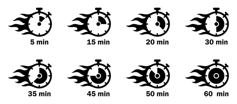 Speed stopwatch icons set. Countdown times for timing, Quick time, racing, sports, fitness, and productivity designs.