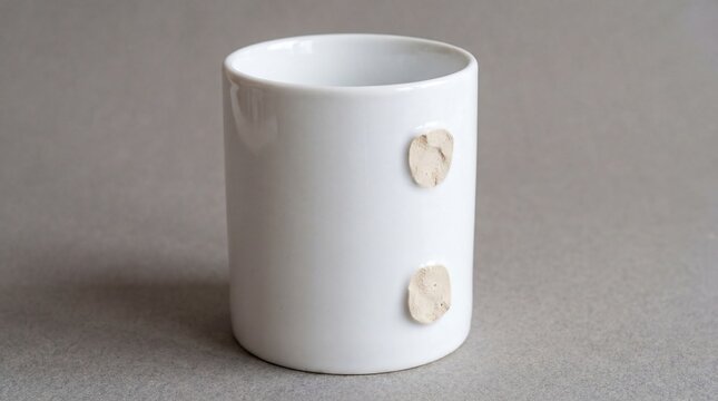 Minimalist white ceramic cup with textured organic embellishments against a neutral gray background