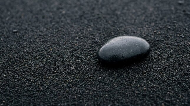 A single dark basalt pebble on a bed of fine volcanic sand highlighting texture and minimalist natural beauty in a moody setting
