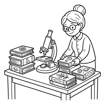 Scientist woman with books and microscope coloring page