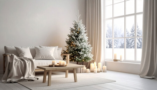 Quiet Christmas morning interior with snowy window and candles