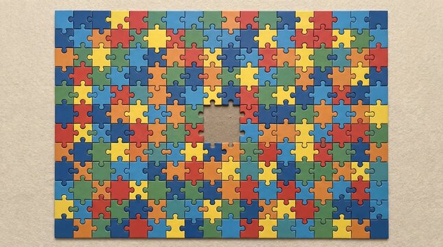 A partially completed colorful puzzle with a missing center piece, displayed on a light brown surface