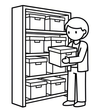 Person organizing boxes in warehouse shelving outline illustration