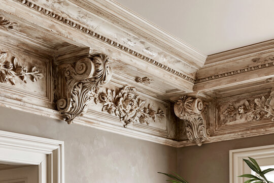 Close-up of Haussmann-style plaster moulding in a Parisian interior. Softened edges and noble patina highlight historic craftsmanship