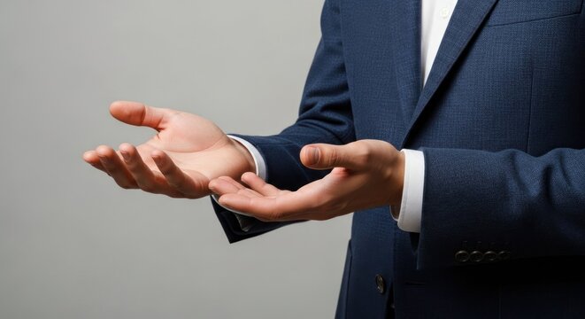 Businessman gesturing with open hands during presentation.