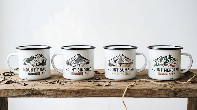 Four enamel mugs with mountain illustrations on a rustic wooden surface.