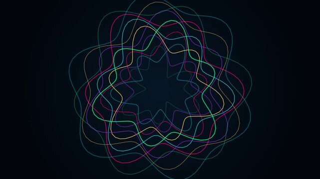 An ultra-premium 4K seamless 10-second abstract motion graphic. Features curated auroral and deep space color palettes, morphing harmonic star polygons, vector strands, additive blending, and infinite