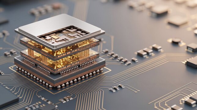 3D SoIC Chiplet Processor Package with Golden Circuitry with copy space 3D illustration