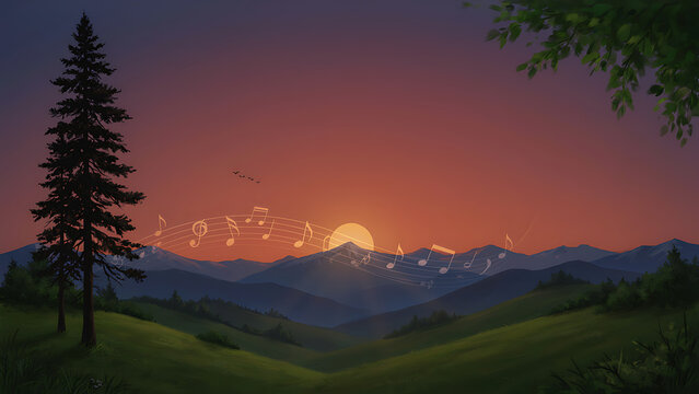 Peaceful nature sunset scene with glowing musical melody line