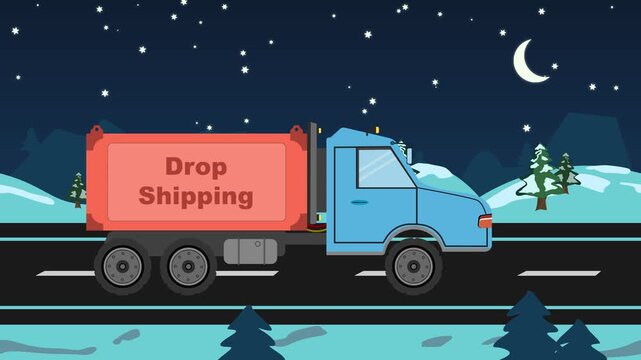 Flat vector drop shipping delivery truck animation, commercial cargo transport driving at night, logistics winter road motion design