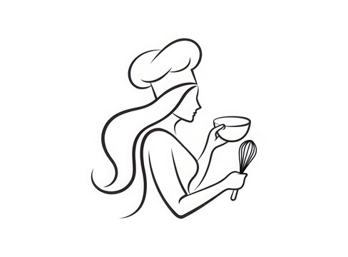 Minimalist female chef logo design featuring elegant line art of woman in culinary hat with bowl and whisk for restaurant branding or baking business.