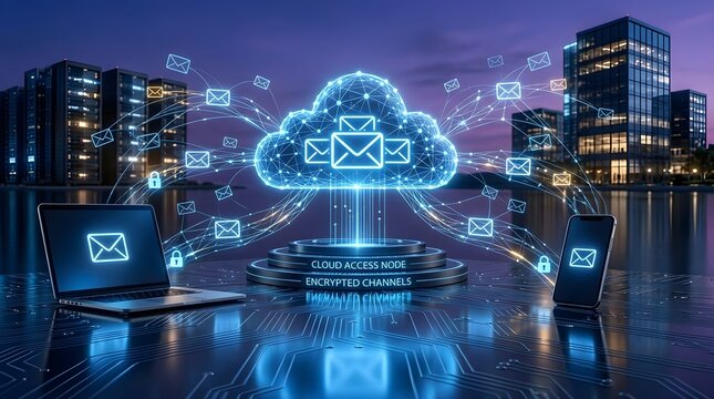 Cloud computing concept with data exchange through secure encrypted channels and digital email icons
