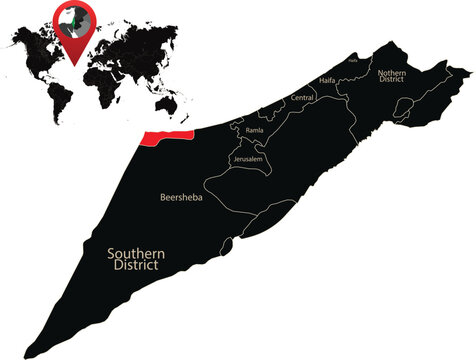 Map of isreal  showing gaza District highlighted in red