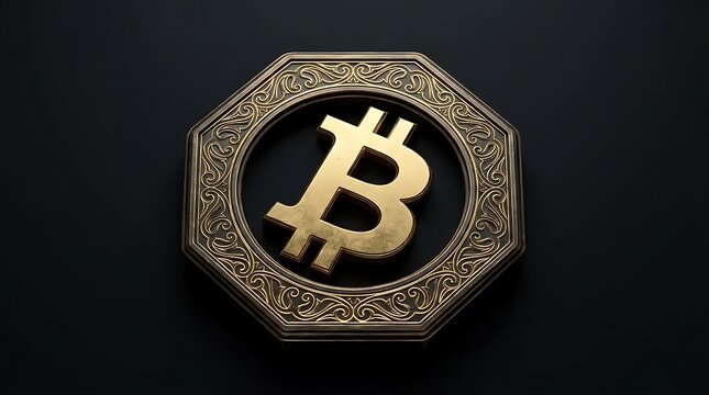 Ornate golden bitcoin symbol in dark octagonal frame.