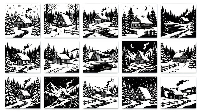 Collection of black and white winter cabin landscape illustrations in grid format