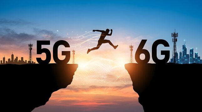 Conceptual illustration of a silhouette leaping from 5G to 6G network connectivity across a digital gap at sunset