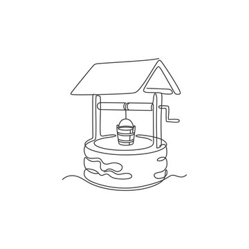 Continuous One Line Drawing of Old Water Well with Bucket