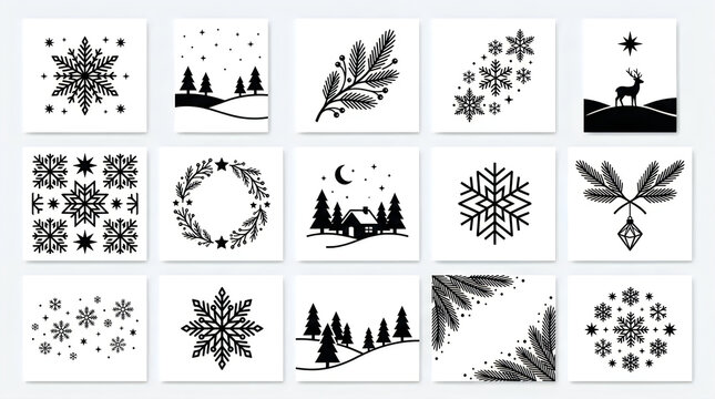 Collection of hand drawn christmas icons and winter holiday design elements
