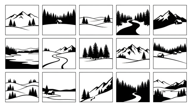 Set of fifteen black and white winter landscape icons and illustrations